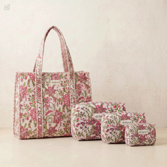 Collection of three pouches and a tote bag in a floral design