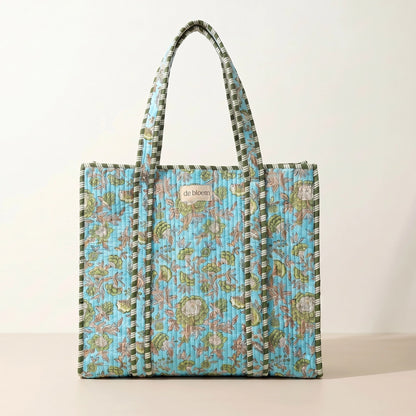 Floral patterned tote bag on a light background