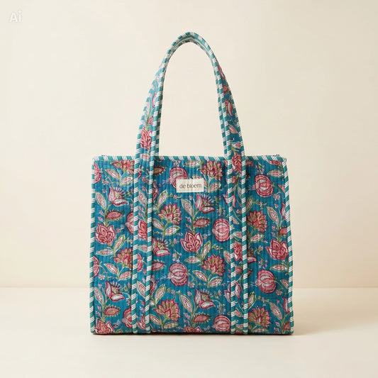 Handmade blue floral quilted cosmetic pouch with a red and green floral print and de bloem logo label.