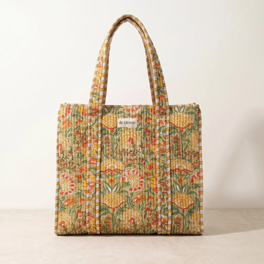 Floral patterned tote bag on a light background